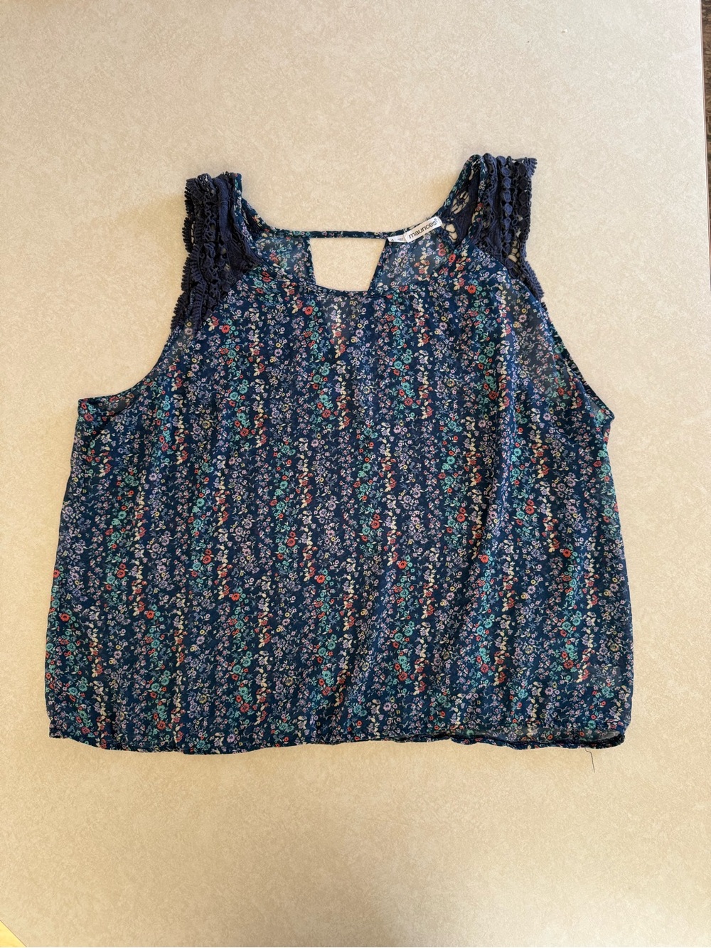 Maurices Navy Floral Crochet-Trim Sleeveless Blouse